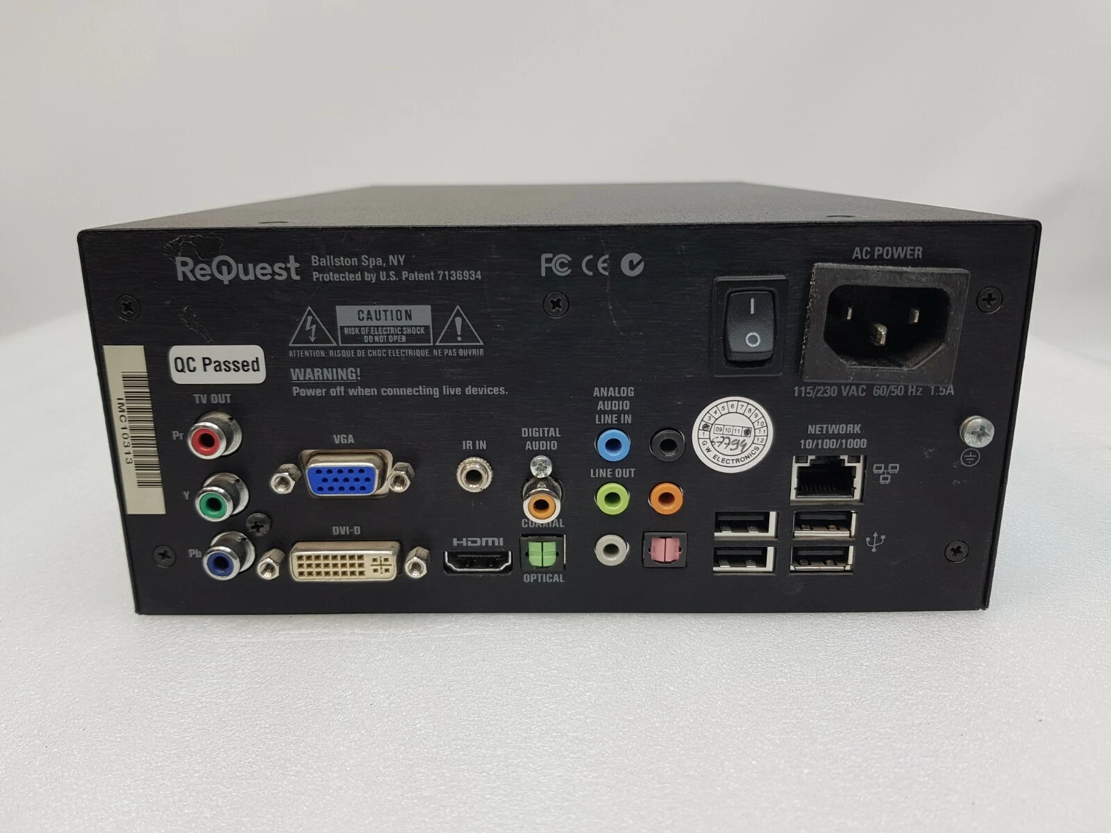 Rear panel of the ReQuest media client: HDMI, DVI-D, VGA, component, audio, USB, Ethernet and AC inlet