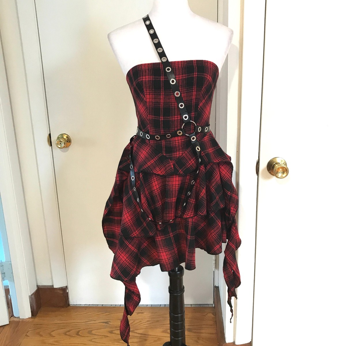 red plaid punk dress Red Plaid Punk Mini Dress with Tiered Ruffles