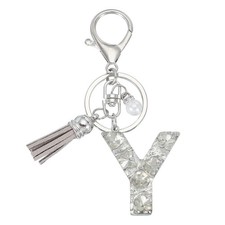Initial Letter Keychain with Tassel Alphabet Letter Y Keyring Silver