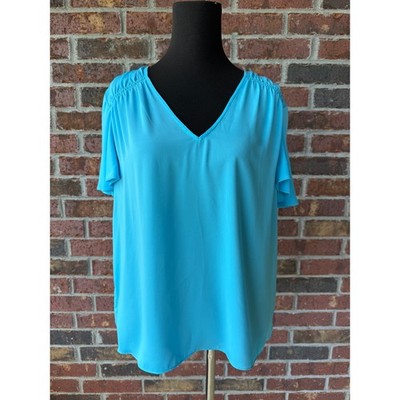 Current Air silky  Blouse - V neck flutter sleeve Ruffle Robins Egg Blue -size M