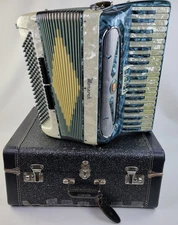 VTG Monarch Piano Accordion Italy 41 Keys-120 Bass Buttons Faux Pearl Blue White