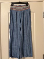 Linen Wide Leg pants Indigo Rein Medium embroidered blue striped beachy pull on