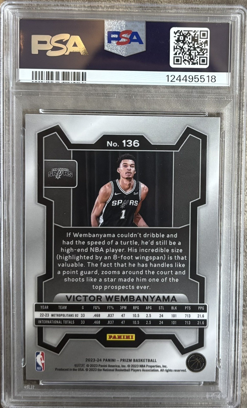 2023-24 Panini Prizm Victor Wembanyama #136 Spurs Rookie RC PSA 9 view 2