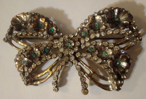 Vintage große Blumen grüne Edelsteine klare Strass Schleife Brosche Anstecknadel silberfarben 3" unsigniert - Bild 12 von 16