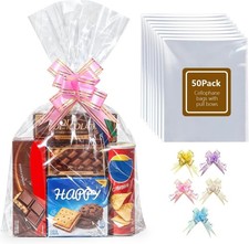 50 Pack Clear Cellophane Bags with Pull Bows, 40x50cm Gift Basket Wrapping