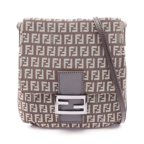 Fendi Zuccino Canvas Leather Shoulder Bag Beige Brown Used Authentic