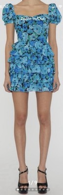 Rotate Blue Floral Mini Dress 38 Square Neck Puff Sleeve Chiffon Ruffle Zip