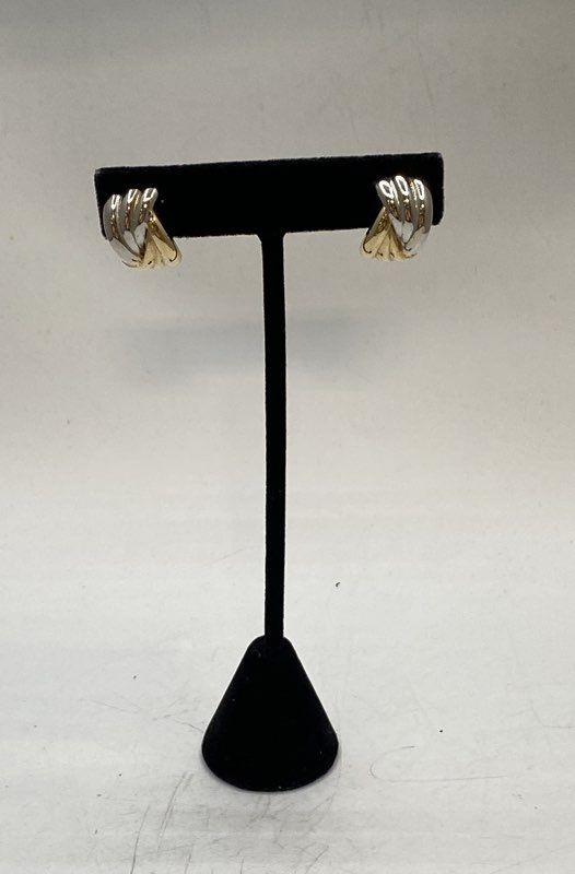 14K Two Tone Yellow and White Gold Ribbon Twist Earrings 19mm 2.6g
