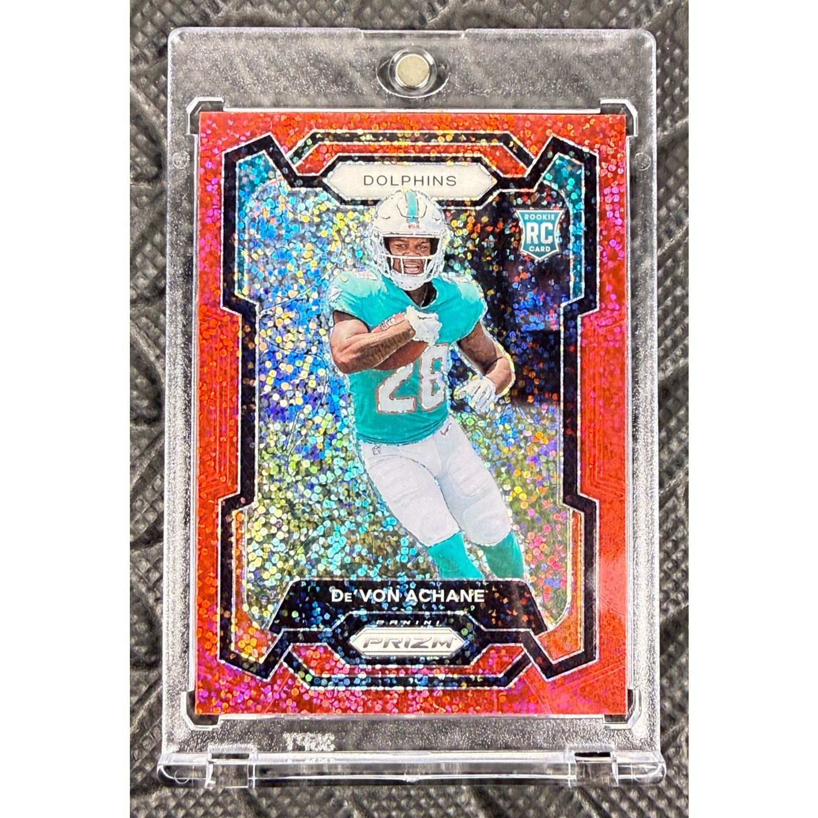 2023 Panini Prizm De'Von Achane #365 Red Sparkle Prizm Short Print RC Dolphins