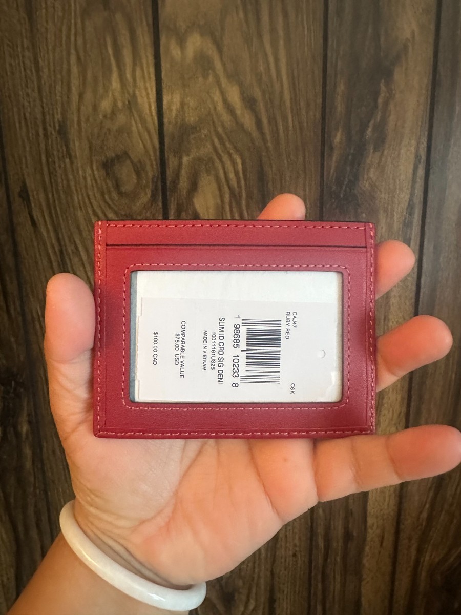 COACH レザー カードケース Coach Slim ID Card Case CAJ47 Signature Denim Leather Ruby Red