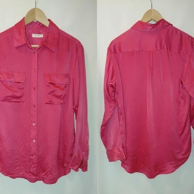 Equipment Femme Satin Long Sleeve Pocket Blouse Button Front Pink S Small
