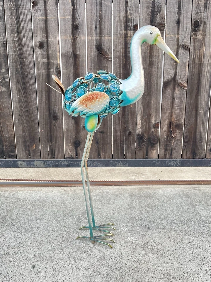Vintage Metal Garden Crane Sculpture with Blue Stones - Image 2 of 4