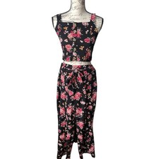 Floral two piece outfit matching set, crop top flare belted pants. Size medium