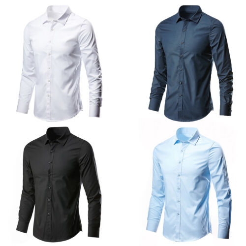 Mens Tee Solid Color Tops Regular Shirts Long Sleeve Dress Shirt Office Basic - Picture 1 of 26