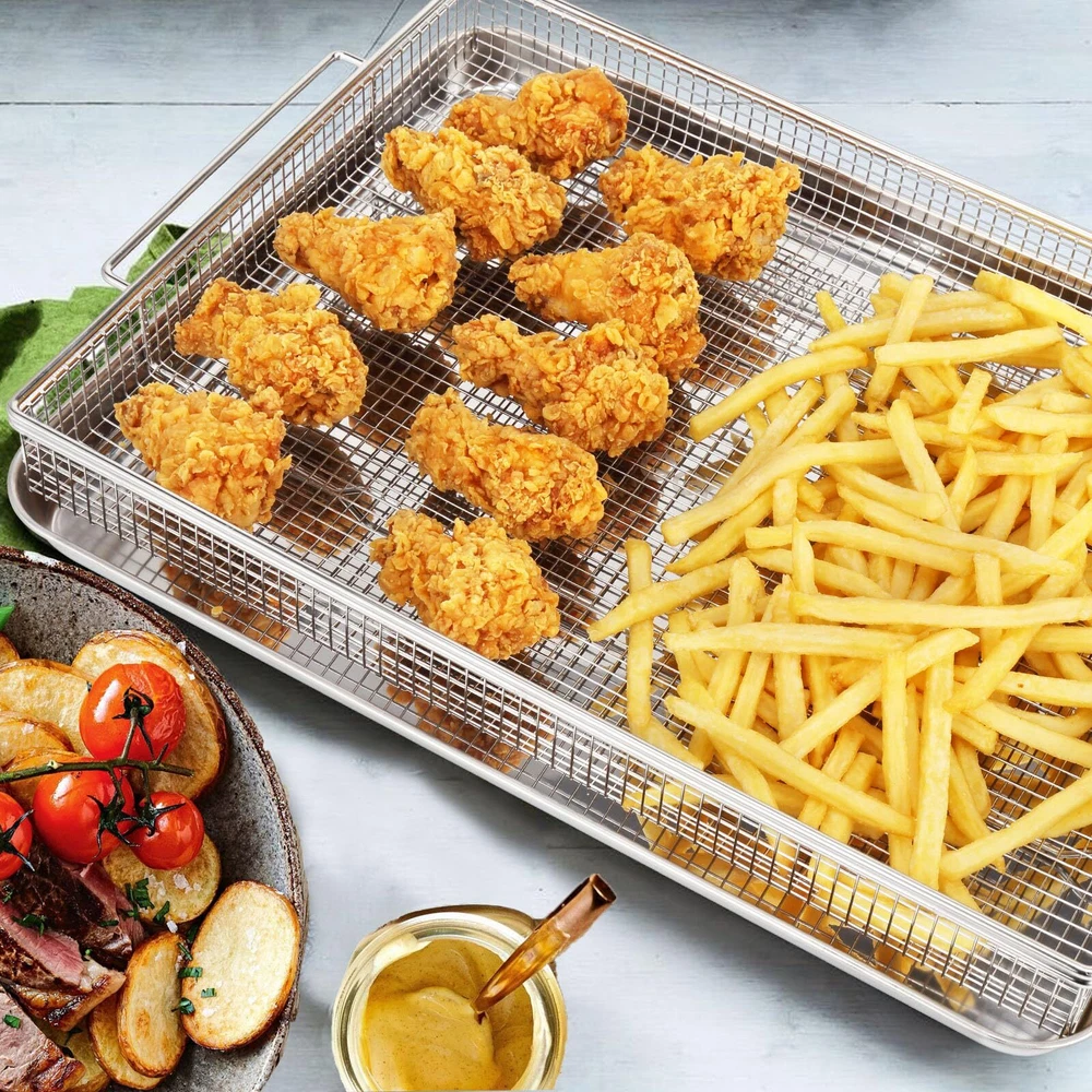 Air Fryer Basket for Oven with 50 Recipes, Extra Large 2 Piece Nonstick Crisp...