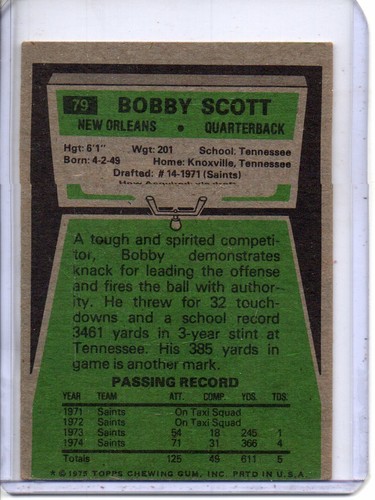 1975 Topps #79 Bobby Scott New Orleans Saints (Rookie Card) - Bild 2 von 2