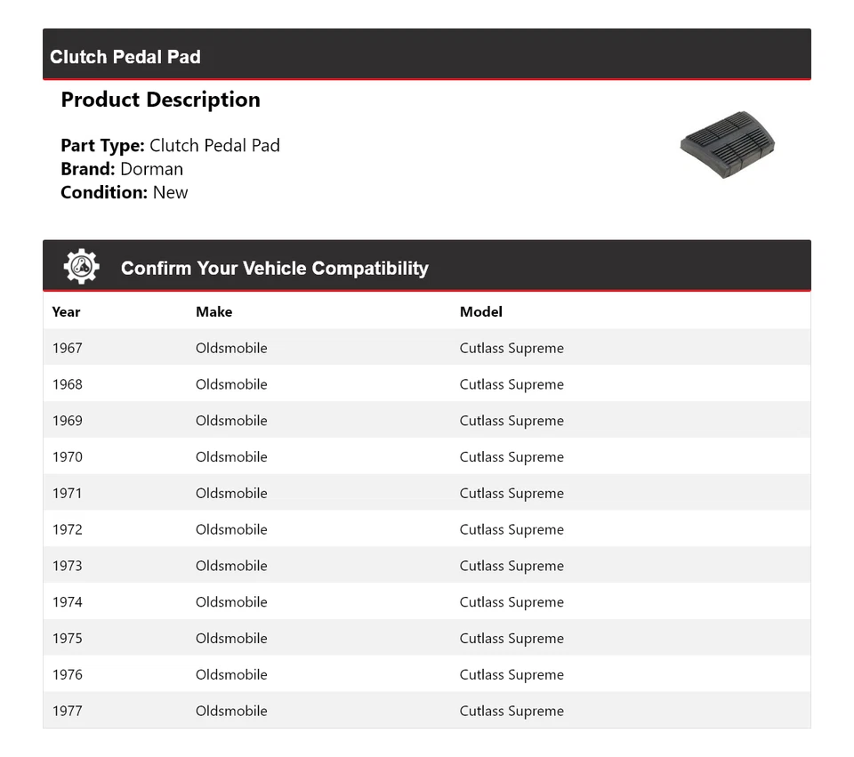 Pedal pad de embreagem Oldsmobile Cutlass Supreme Dorman 1967-1977 1968 1969 1970 - Imagem 2 de 4
