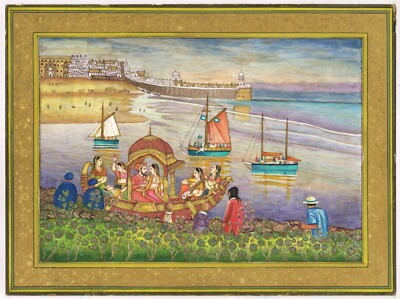 Mughal Harem Szene Malerei Von King Shahjahan Mit Damen Auf Boot 34.3x26.7cm