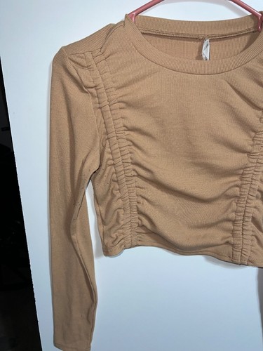 Shein Teen light brown/khaki Crop Top Size 14 Years long sleeve ribbed front - Picture 2 of 4