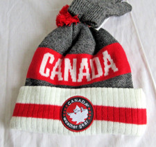 Canada Weather Gear Striped Pom Beanie Hat Glove Set Grey Red White OS Boys NWT