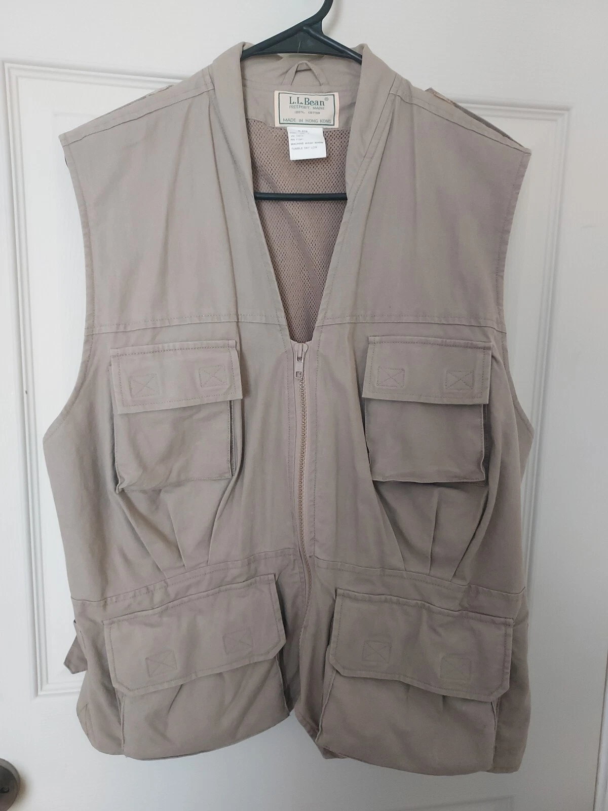 LL Bean Khaki 100 % Cotton Beige Fishing Utility Vest Full Zip Size Small