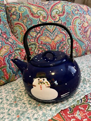 Blue Enamelware Snowman Teapot Denise S. Harvey Collectible Rare Find Unique.   