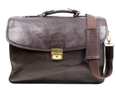 HEXAGONA BROWN GENUINE LEATHER FLAP THREE COMPARTMENTS SHOULDER BAG BRIEFCASE