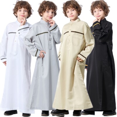 Islamic Muslim Kids Boys Jubba Kaftan Thobe Arab Long Sleeve Casual Robes Dress