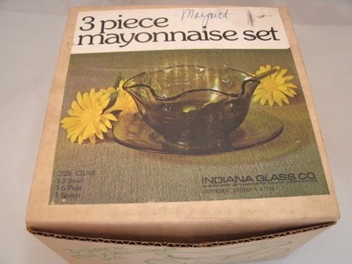 Vtg Indiana Glass OLIVE Green 3 pc Mayonnaise Set #2128 Condiment New in Box 1 - Picture 3 of 5