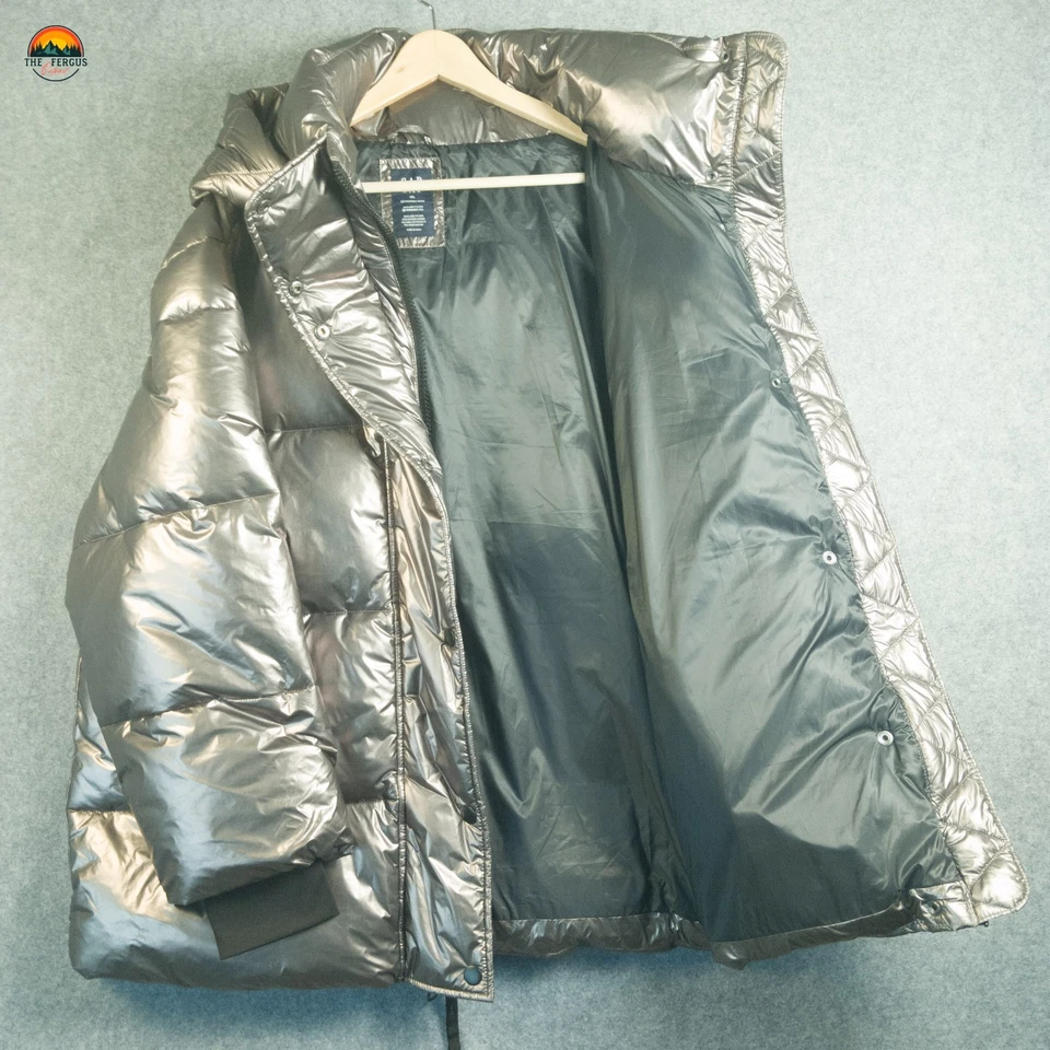 Chaqueta Gap Puffer Plateada Metálica Pesada Con Capucha Streetwear Para Mujer Talla XL Foto 3 de 4