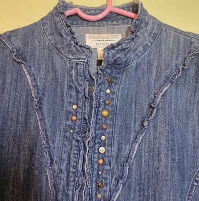 Wrangler Blues Studded Ruffled Shirt Sz M Snap Y2K Western Coastal Cowgirl Boho