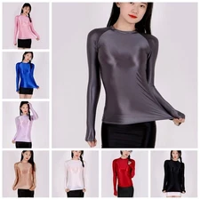 Women Oiled T-Shirt Tops Blosue Slim Stretch Shiny Pullover Wet Look Silky