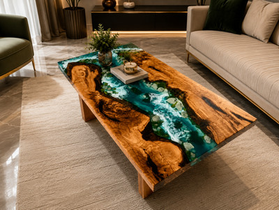 Handmade Live Edge Olive Wood Ocean Epoxy River Coffee Table | Blue Resin  12X24