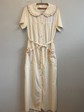 Vintage 70s Cottagecore Prairie Maxi House Dress Robe Cotton Blend Ivory Sz 18
