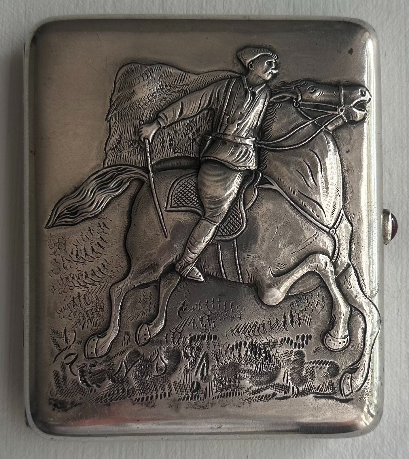 Vntg "Chapaev Attacking" Soviet Russian Embossed 875 YuKhA Silver Cigarette Case
