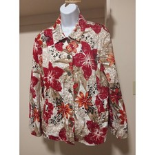 Additions by Chicos Floral Leopard Print Button Front Jacket Red Tan Size 3 XL
