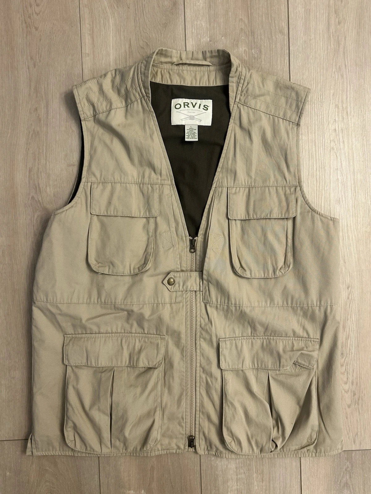 Vintage Orvis Tan Cotton Canvas Zip Up Travel Fishing Vest Size Large