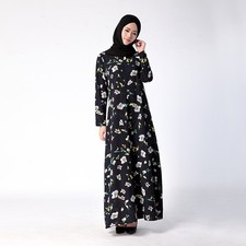 Eid Women Abaya Fashion Elegant Muslim Print Flower Kaftan Dress Islamic Clothes