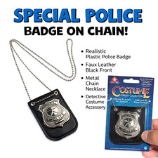 SPECIAL POLICE BADGE ON CHAIN Costume Play Toy Silver Pin Necklace Detective
