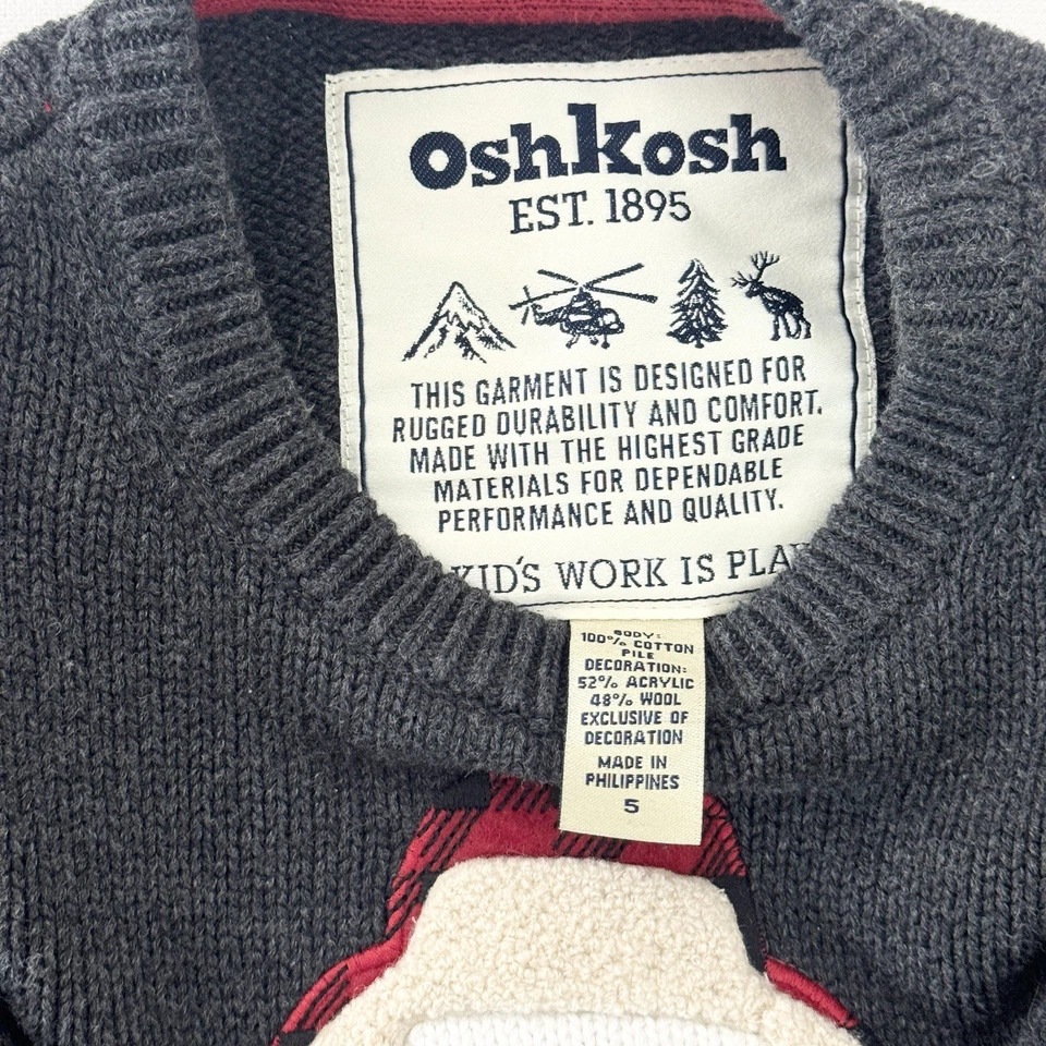OshKosh Boys Cotton Wool Snowman Sweater Gray Red Trim Size 5 Holiday Winter - Image 3 of 4