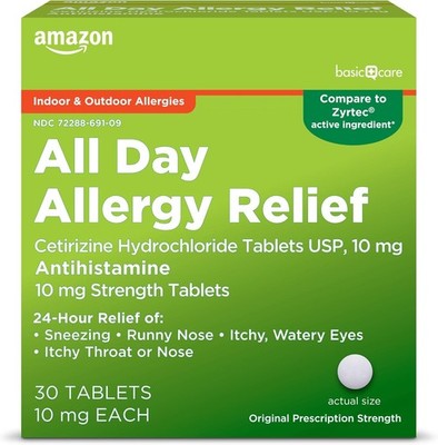 Amazon Basic Care Cetirizine 10mg Allergy Tablets 30ct Comparable to Zyrtec