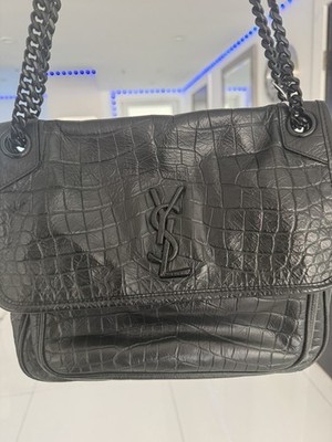 Saint Laurent Black Croc Niki Flap Shoulder Bag w/ Chain Strap, Magnetic