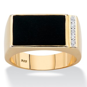 Authentic Men's Genuine Onyx and Diamond Accent Gold-Plated Silver Rectangular Ring