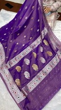 Indigo 100 khadi Chiffon Sari Zari Banarasi Woven Designer Saree With Blouse Pc