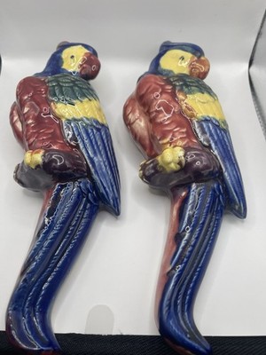 Vintage 1940's Ceramic Wall Pocket Majolica Vase Novelty Parrot Japan Set