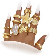 12 PCS Chunky Gold Rings for Women Non Tarnish Statement Flower Ring, GOLD