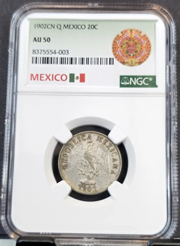 1902 MEXICO SILVER 20 CENTAVOS EAGLE WITH SNAKE NGC AU 50 SCARCE GREAT COIN