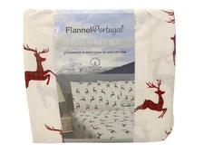Flannel From Portugal Red Reindeer Flannel Sheet Set 4 Piece Full 100% Cotton