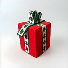 Vintage Handmade Plastic Canvas Christmas Present Holly Bow Tissue Box Cover