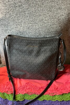Michael Kors Jet Set Charcoal Black SIG Coated Canvas Zip Crossbody Messenger